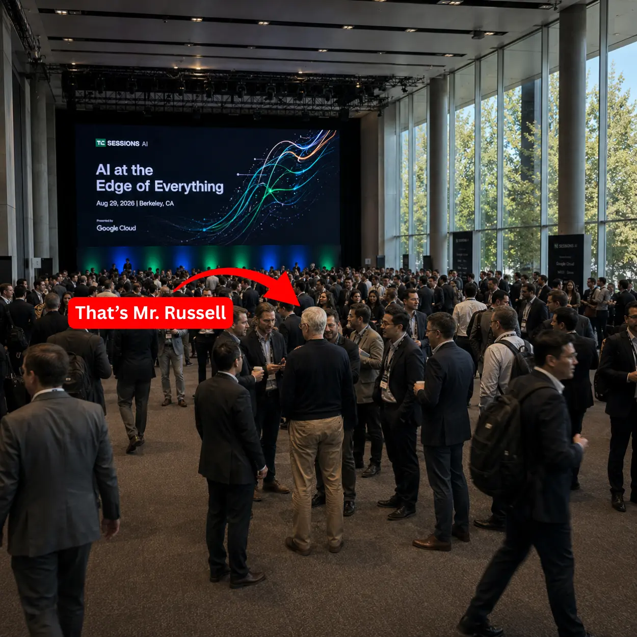 A crowded tech conference hall, with Mr. Russell picked out in the crowd